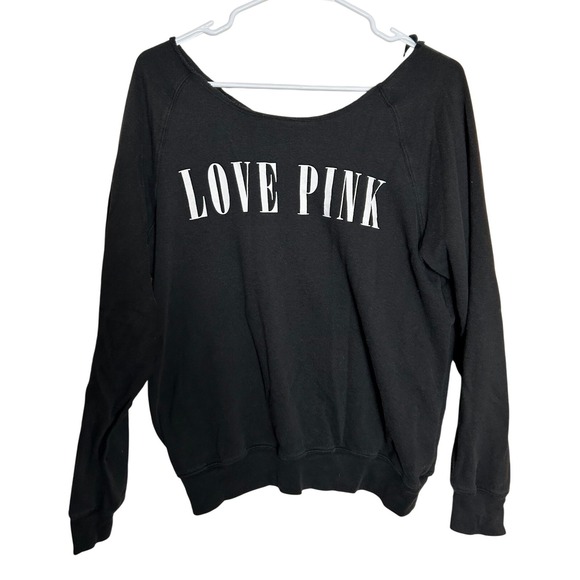 Victoria's Secret PINK Tops - Victoria's Secret PINK Black Off The Shoulder Love Pink Graphic Sweatshirt S
